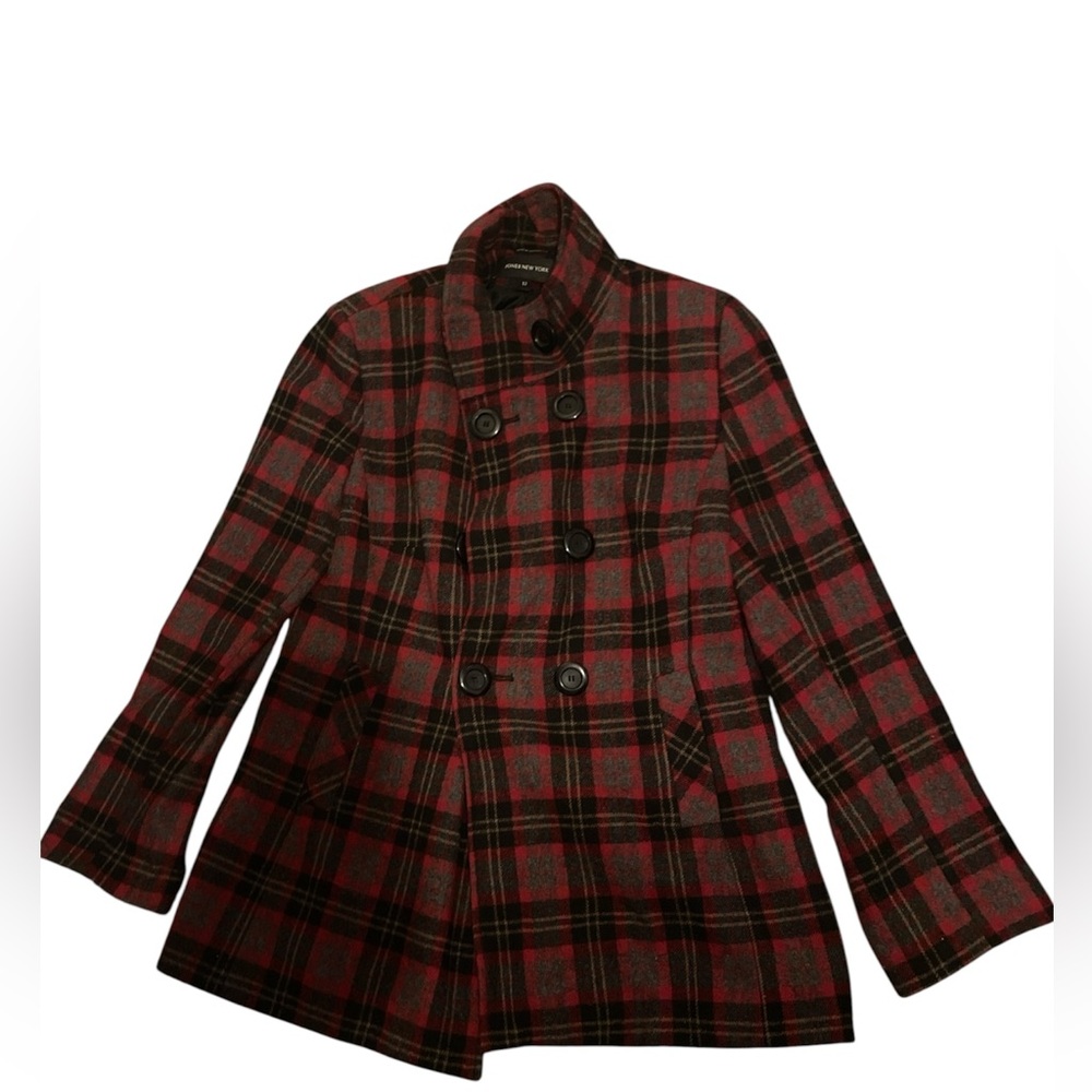Jones New York Red & Black Plaid Double-Breasted Pea Coat